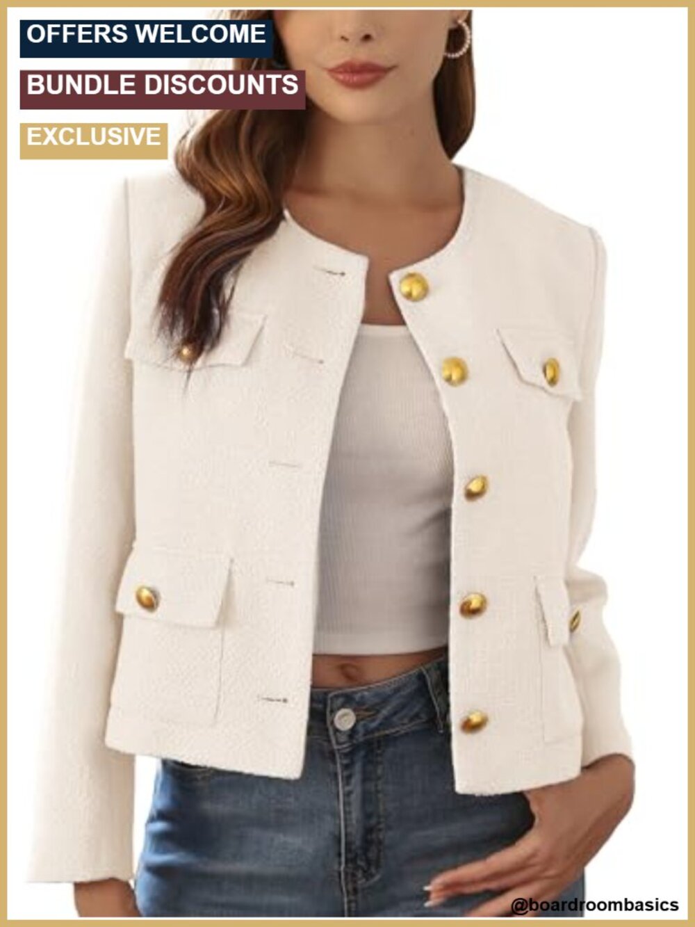 Cropped Tweed Blazer Women's Suit Jacket Gold Buttons